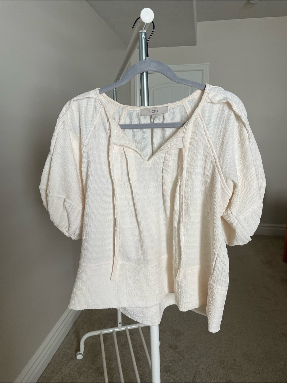 LOFT Cream Peasant Blouse with Tie-Neck and Puff Sleeves